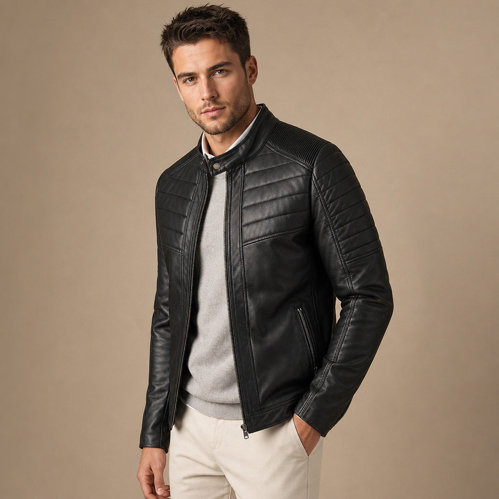 Quilted Leather Jacket Black Black – Side Angle View