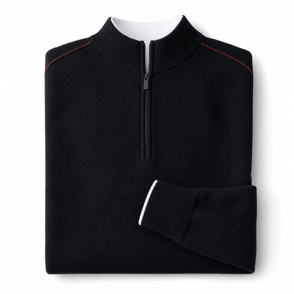 Quarter Zip Sweater Waffle Knit Ribbed Trim Black – Product Photo