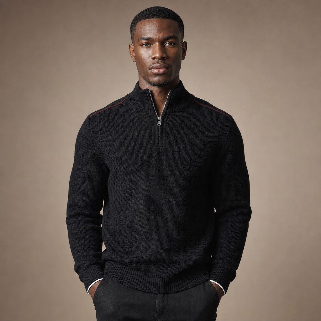 Quarter Zip Sweater Waffle Knit Ribbed Trim in Black – Tarlano Premium Menswear