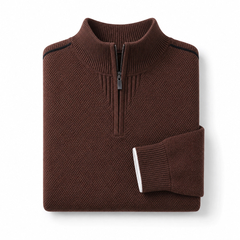 Quarter Zip Sweater Waffle Knit Ribbed Trim Brown – Product Photo