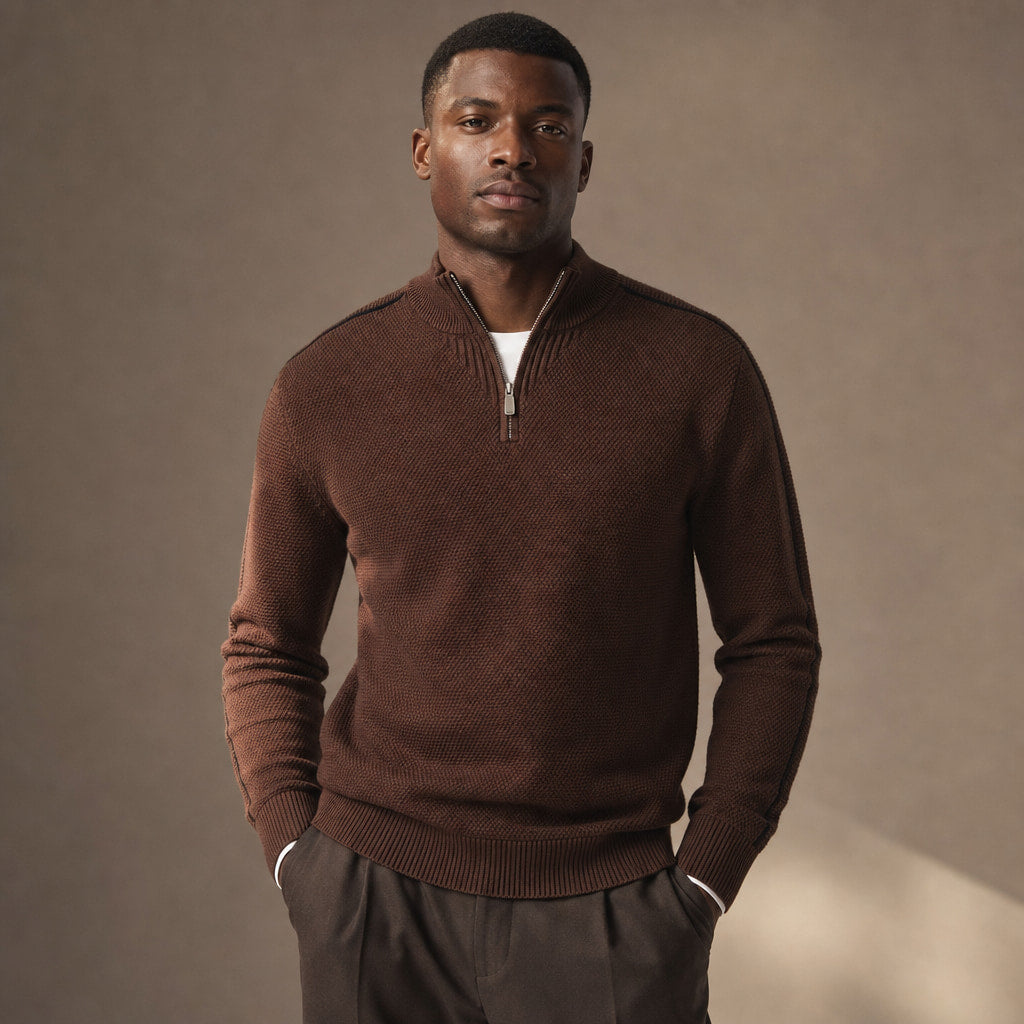 Quarter Zip Sweater Waffle Knit Ribbed Trim in Brown – Tarlano Premium Menswear