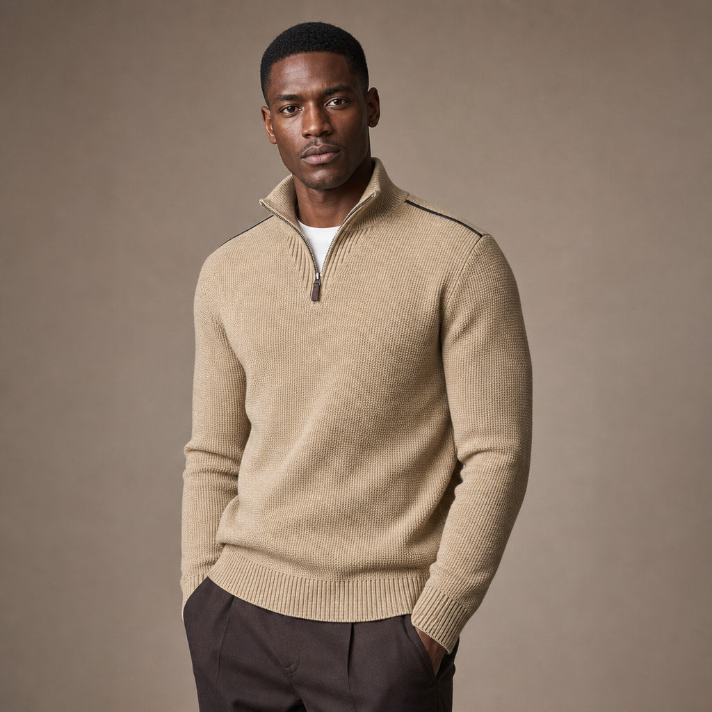 Quarter Zip Sweater Waffle Knit Ribbed Trim Light Khaki – Side Angle View