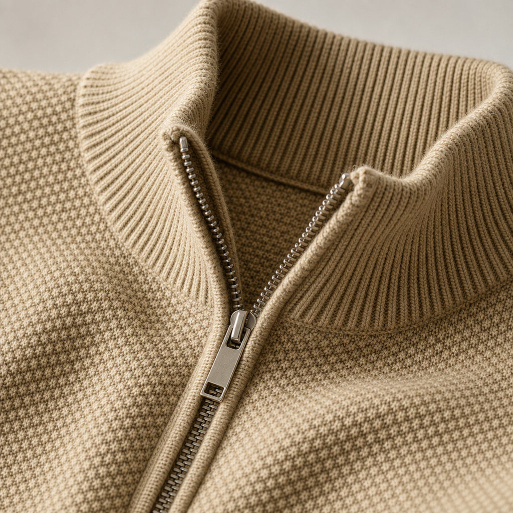 Quarter Zip Sweater Waffle Knit Ribbed Trim Light Khaki – Fabric and Detail Close-Up