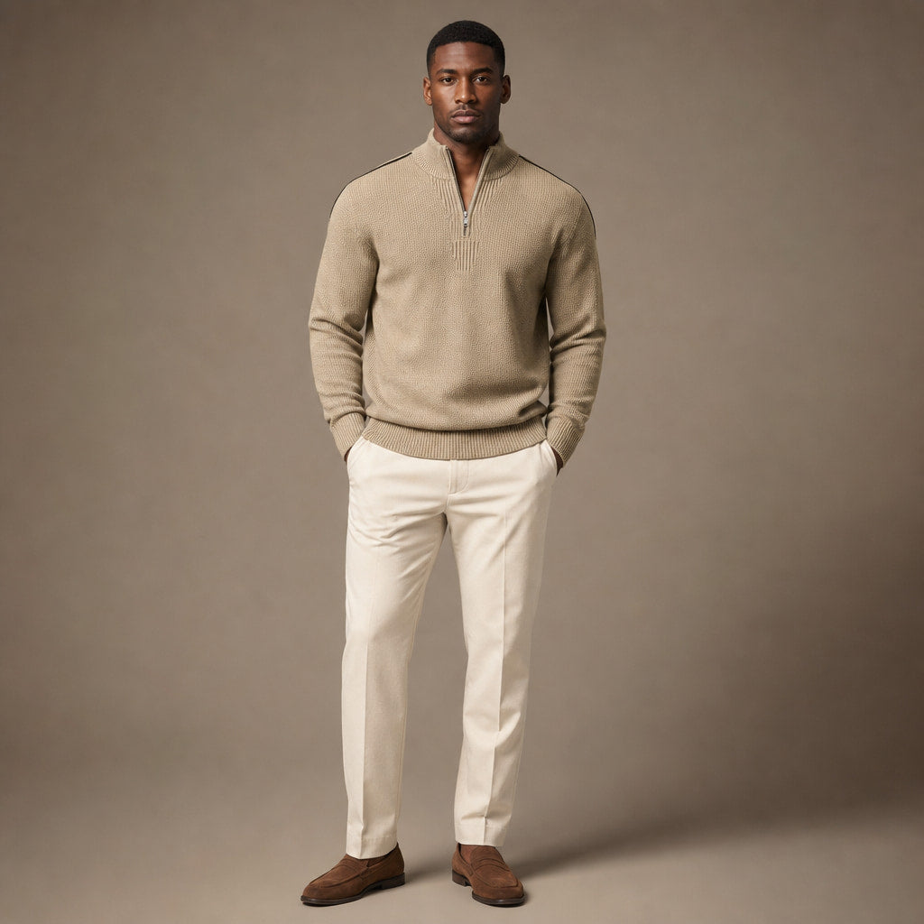 Quarter Zip Sweater Waffle Knit Ribbed Trim Light Khaki – Full Look