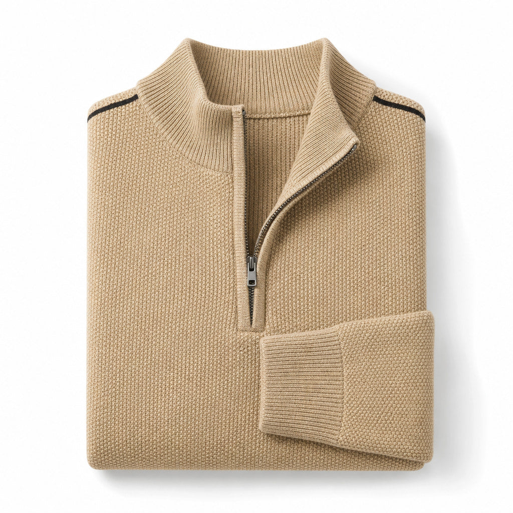 Quarter Zip Sweater Waffle Knit Ribbed Trim Light Khaki – Product Photo
