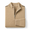 Quarter Zip Sweater Waffle Knit Ribbed Trim Light Khaki – Product Photo
