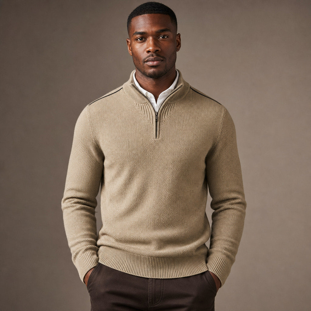 Quarter Zip Sweater Waffle Knit Ribbed Trim in Light Khaki – Tarlano Premium Menswear
