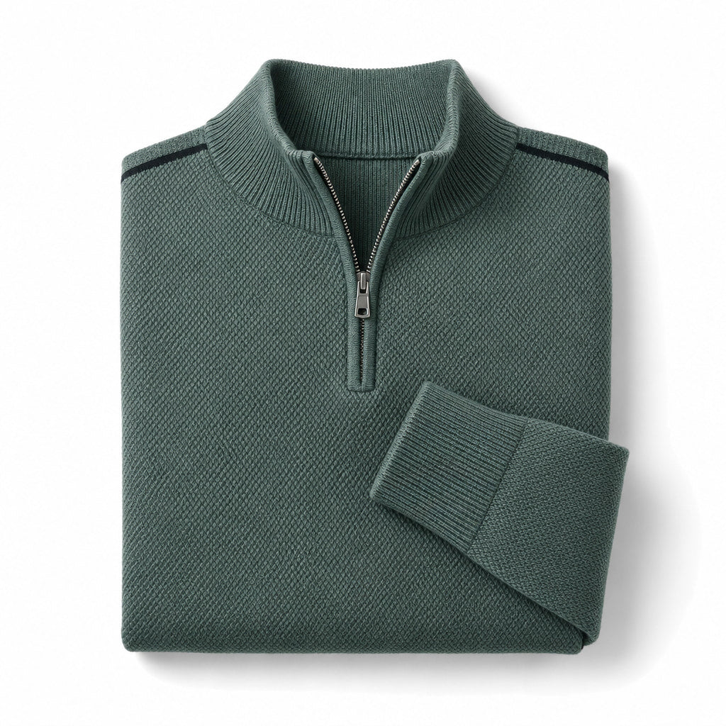 Quarter Zip Sweater Waffle Knit Ribbed Trim Sage Green – Product Photo