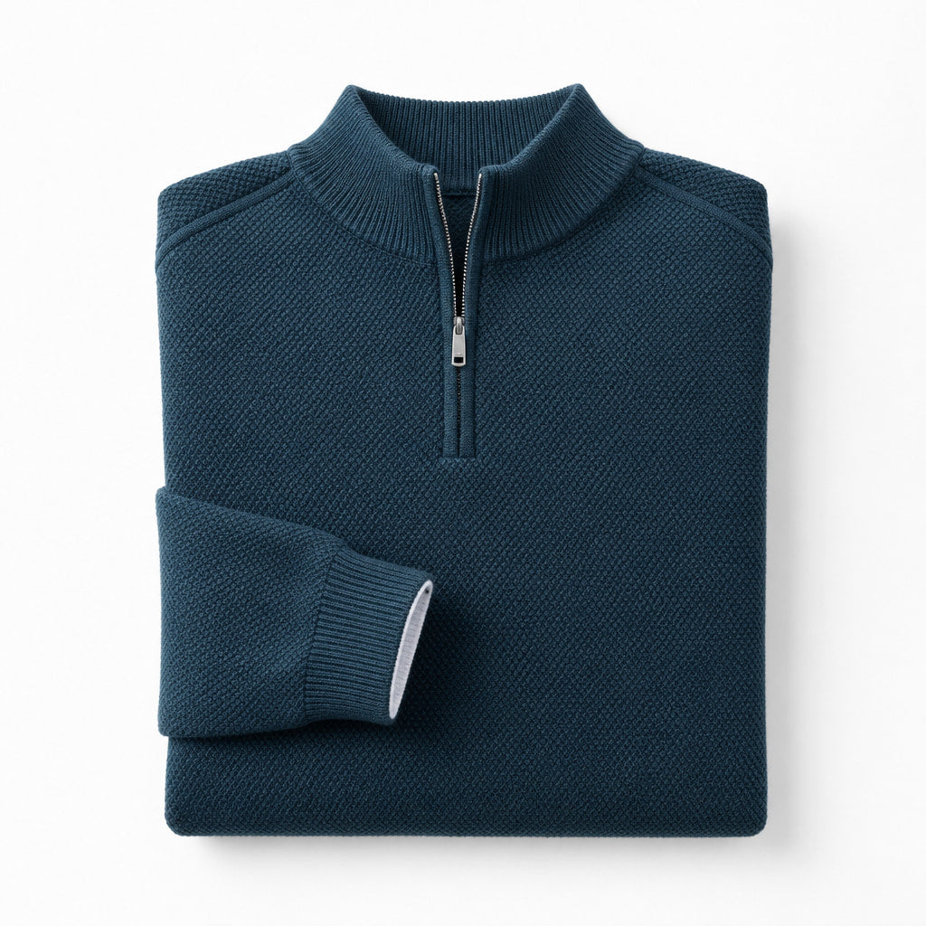Quarter Zip Sweater Waffle Knit Ribbed Trim Slate Blue – Product Photo