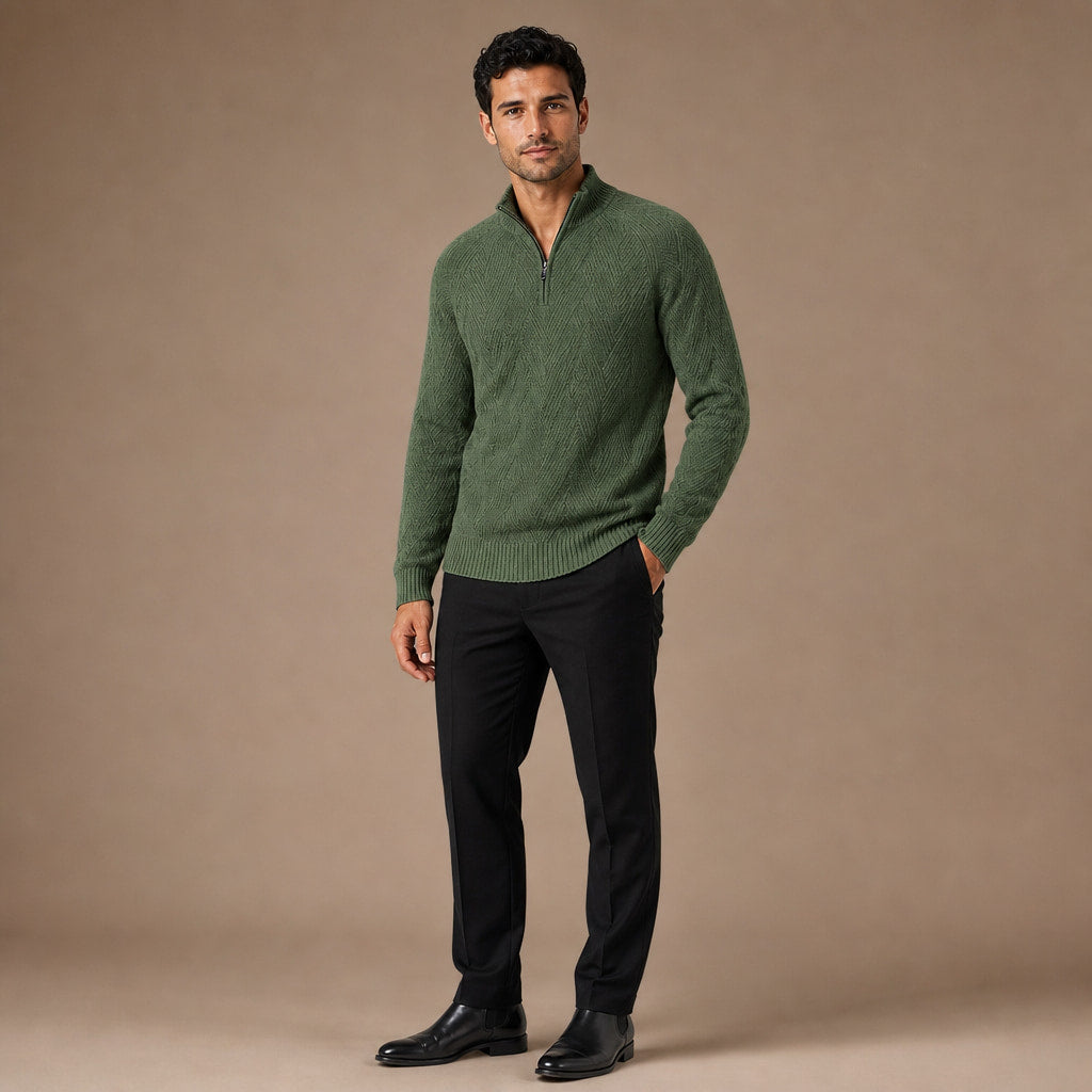 Quarter Zip Sweater Knit Pullover Green – Side Angle View
