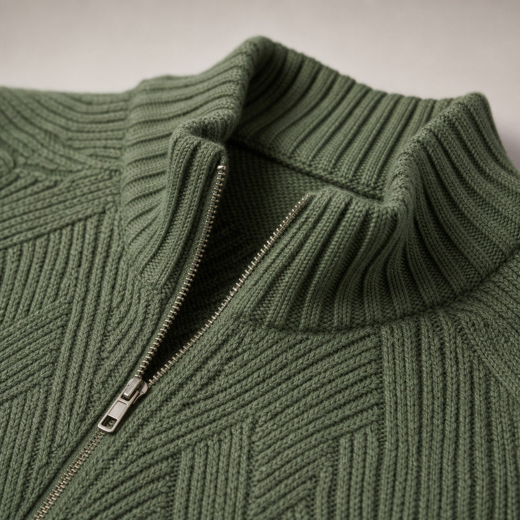 Quarter Zip Sweater Knit Pullover Green – Fabric and Detail Close-Up