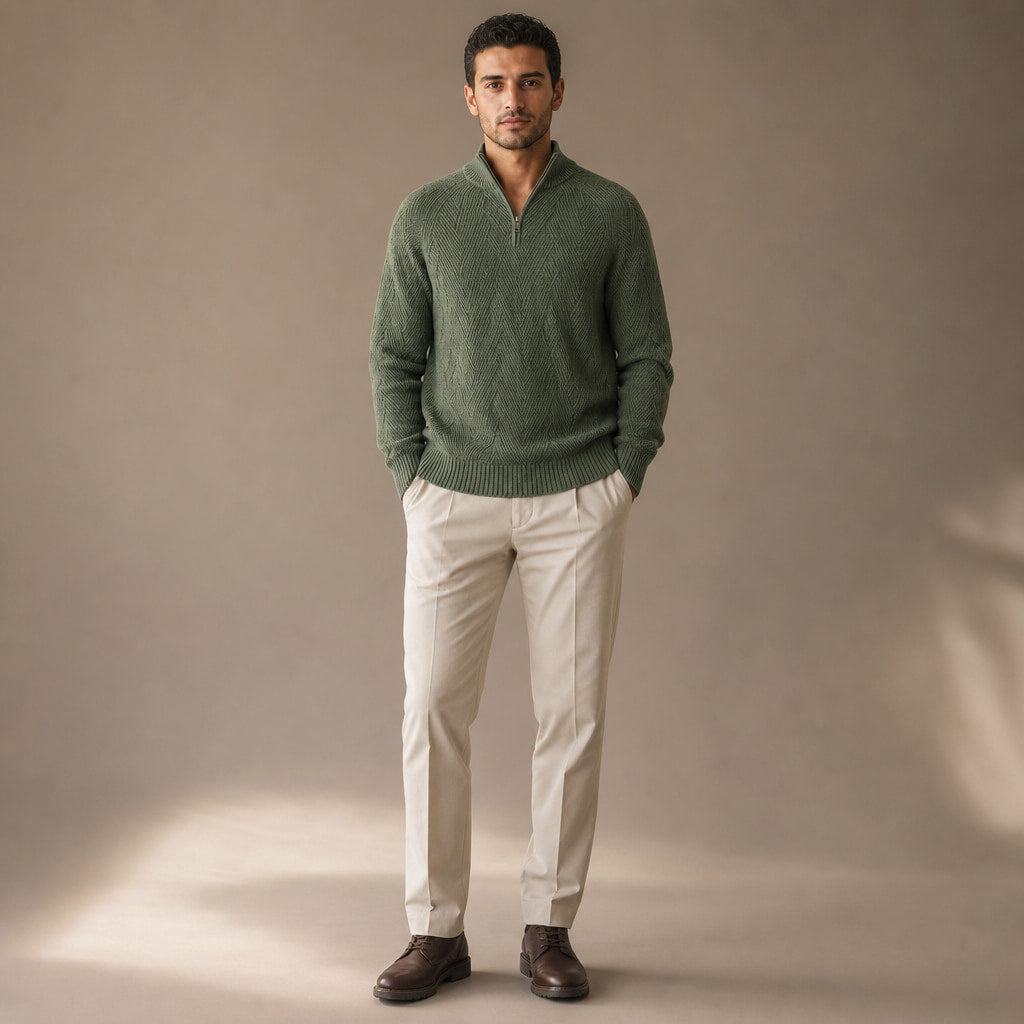 Quarter Zip Sweater Knit Pullover Green – Full Look