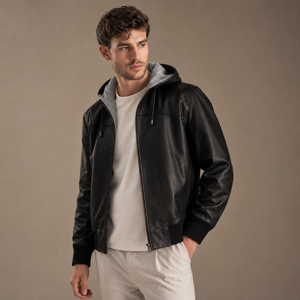 Blazing Black Hooded Bomber Leather Jacket For Men Black – Side Angle View