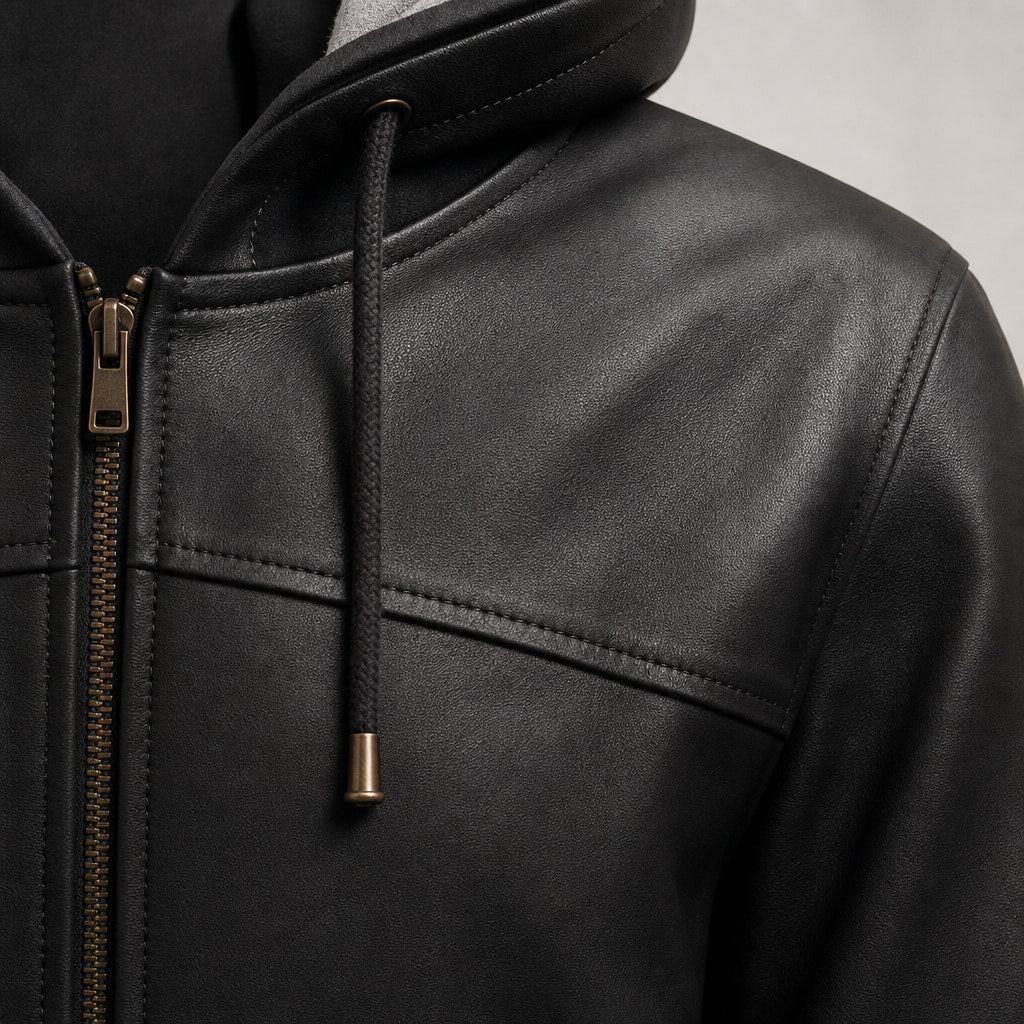 Blazing Black Hooded Bomber Leather Jacket For Men Black – Fabric and Detail Close-Up