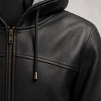 Blazing Black Hooded Bomber Leather Jacket For Men Black – Fabric and Detail Close-Up