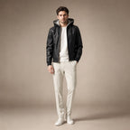 Blazing Black Hooded Bomber Leather Jacket For Men Black – Full Look