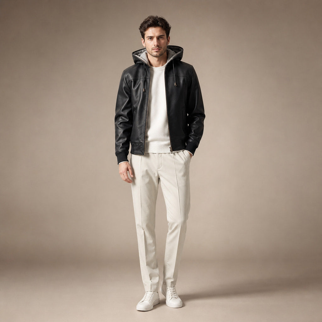 Blazing Black Hooded Bomber Leather Jacket For Men Black – Full Look