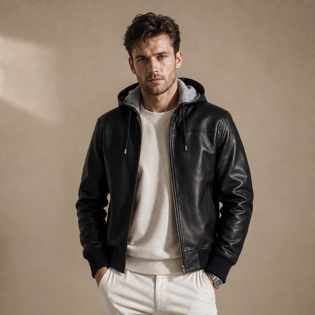 Blazing Black Hooded Bomber Leather Jacket For Men Black – Product Photo