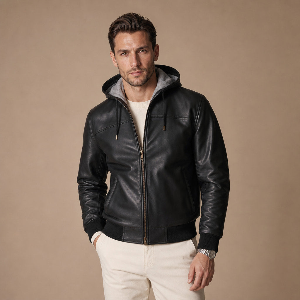 Blazing Black Hooded Bomber Leather Jacket For Men in Black – Tarlano Premium Menswear