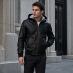 Blazing Black Hooded Bomber Leather Jacket For Men Black – Styled Editorial Shot