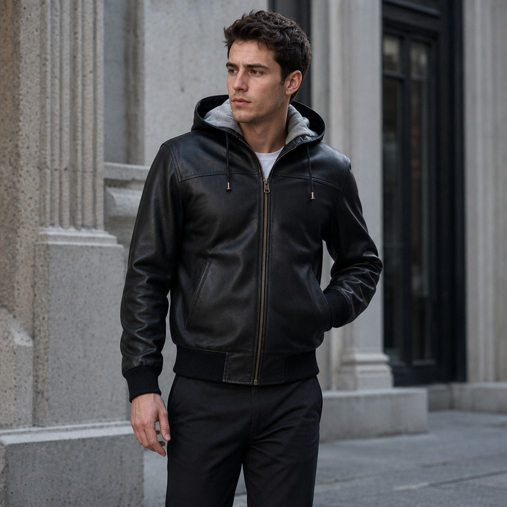 Blazing Black Hooded Bomber Leather Jacket For Men Black – Styled Editorial Shot