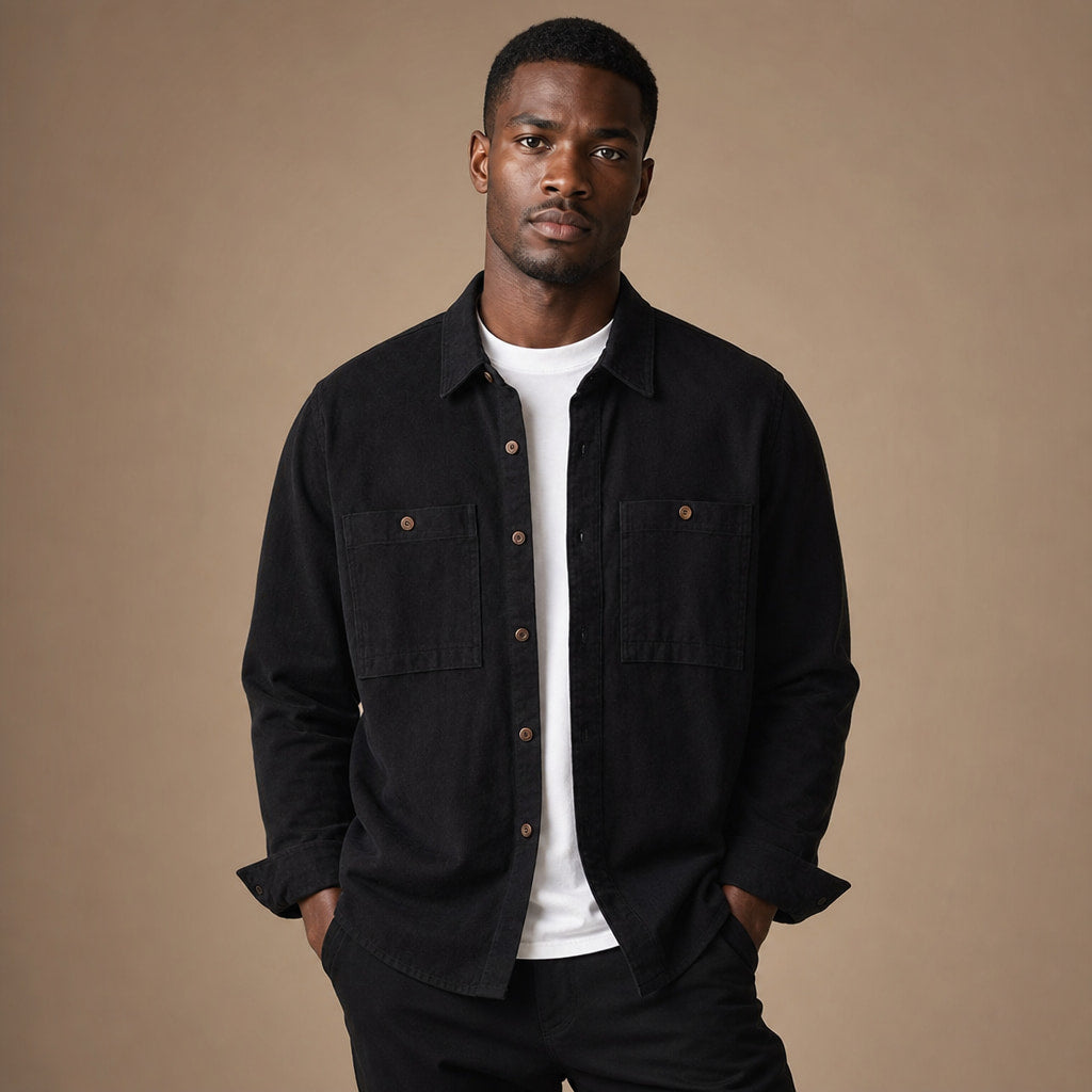 Overshirt Cotton Relaxed Fit Double Chest Pocket Black – Product Photo
