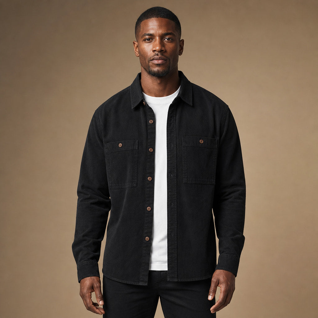 Overshirt Cotton Relaxed Fit Double Chest Pocket in Black – Tarlano Premium Menswear