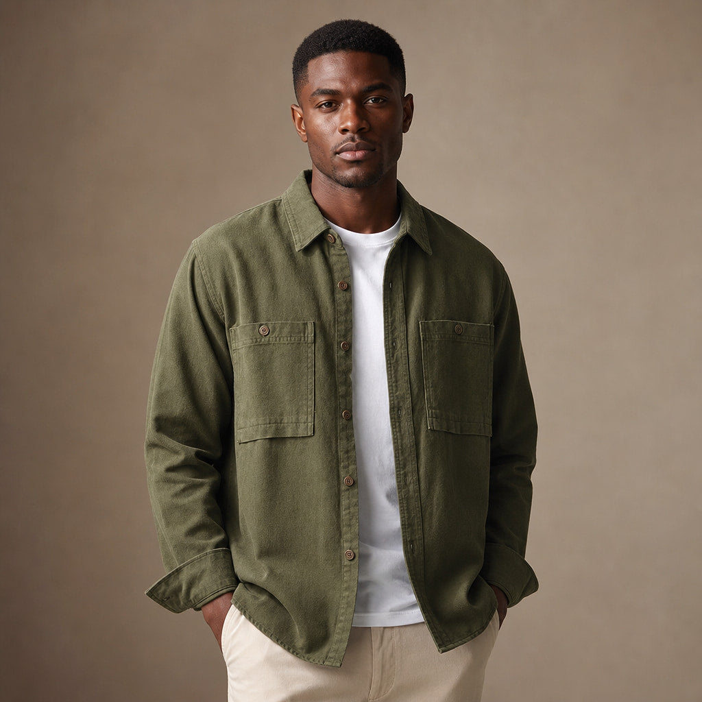 Overshirt Cotton Relaxed Fit Double Chest Pocket Olive – Product Photo