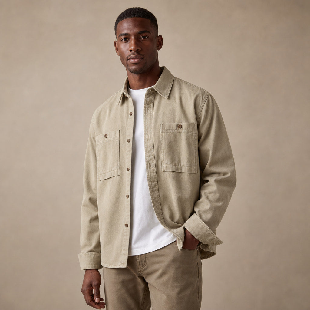 Overshirt Cotton Relaxed Fit Double Chest Pocket Sandstone – Side Angle View