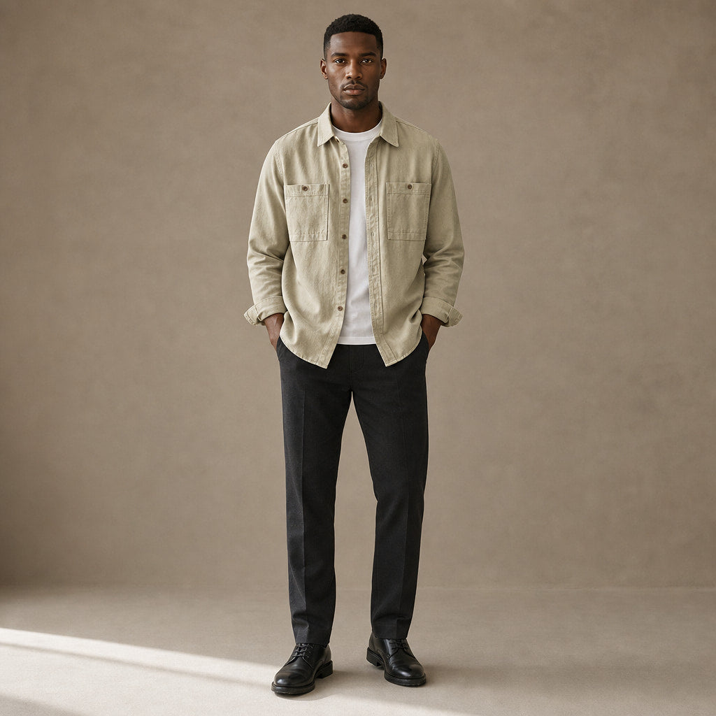 Overshirt Cotton Relaxed Fit Double Chest Pocket Sandstone – Full Look