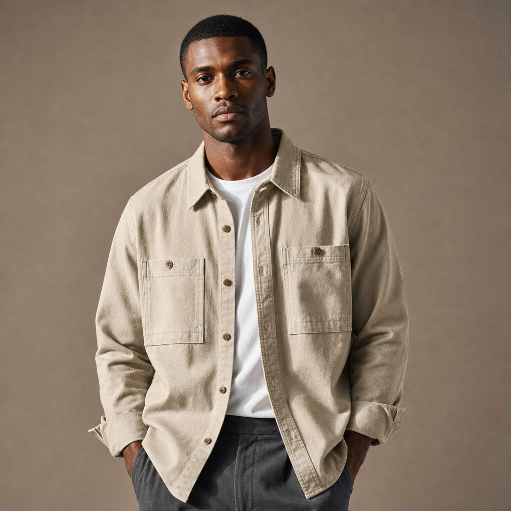 Overshirt Cotton Relaxed Fit Double Chest Pocket Sandstone – Product Photo
