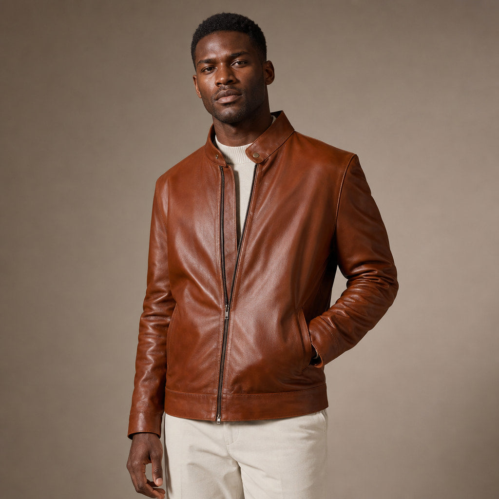 Blockbeat Reddish Brown Leather Biker Jacket Brown – Side Angle View