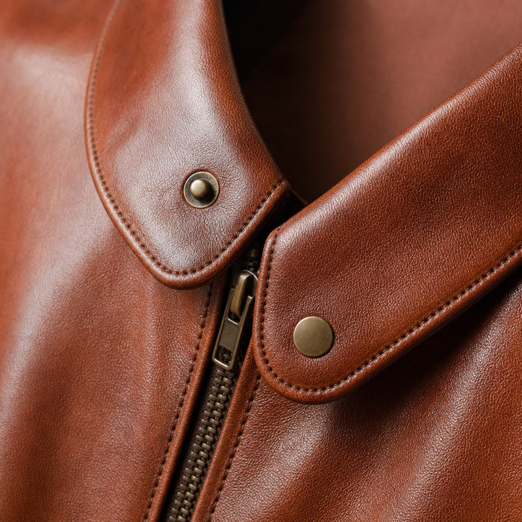 Blockbeat Reddish Brown Leather Biker Jacket Brown – Fabric and Detail Close-Up