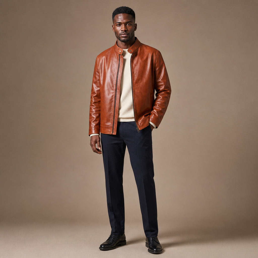 Blockbeat Reddish Brown Leather Biker Jacket Brown – Full Look