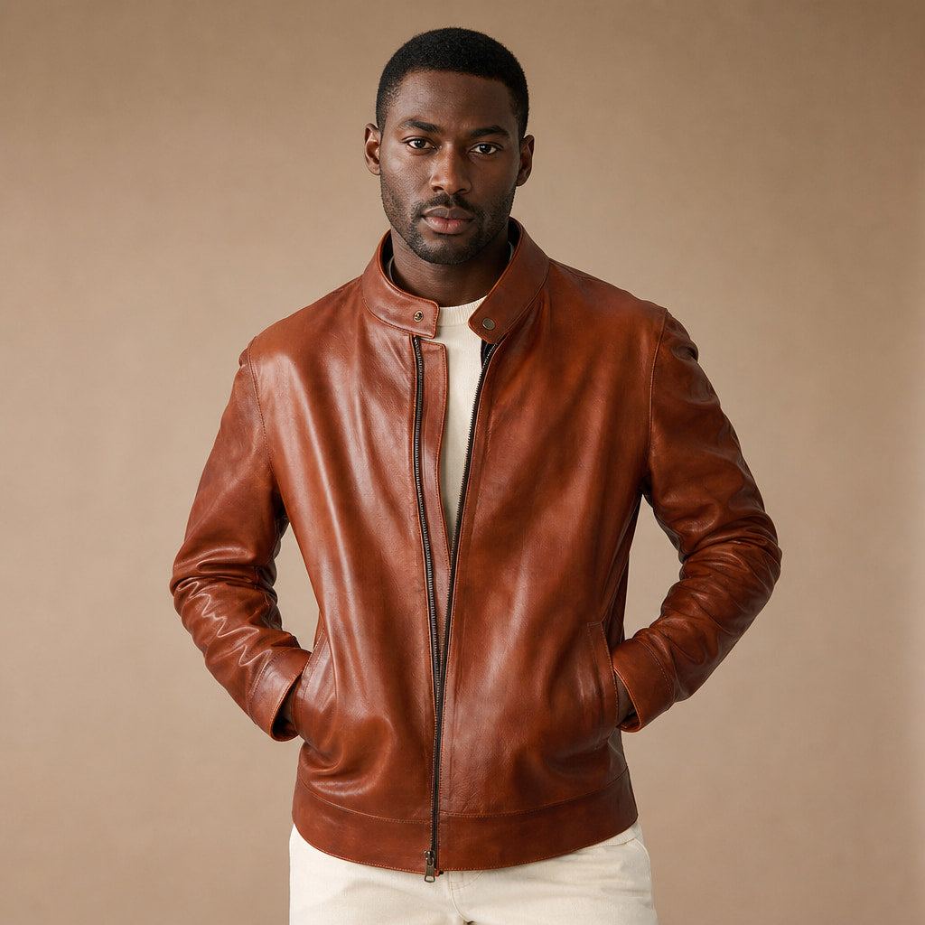 Blockbeat Reddish Brown Leather Biker Jacket Brown – Product Photo