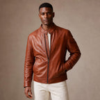 Blockbeat Reddish Brown Leather Biker Jacket in Brown – Tarlano Premium Menswear
