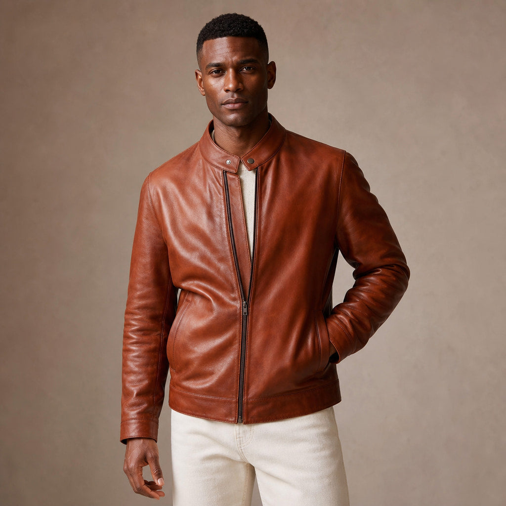 Blockbeat Reddish Brown Leather Biker Jacket in Brown – Tarlano Premium Menswear