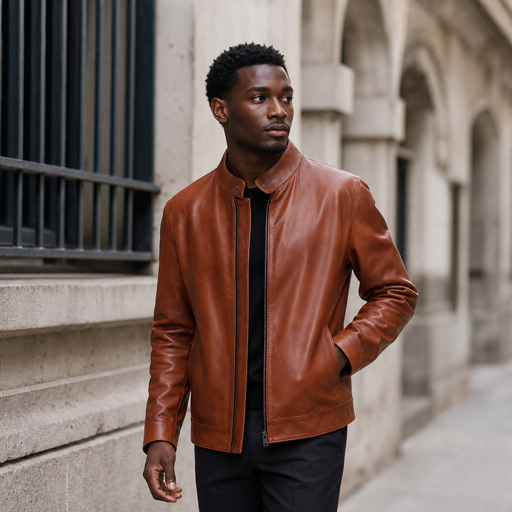 Blockbeat Reddish Brown Leather Biker Jacket Brown – Styled Editorial Shot