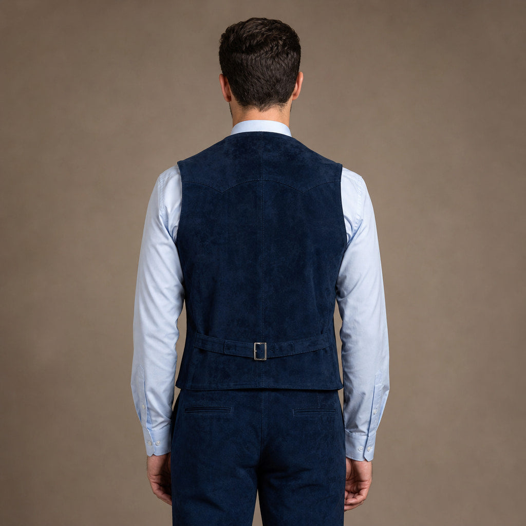 Waistcoat Suede Five Button Navy – Side Angle View