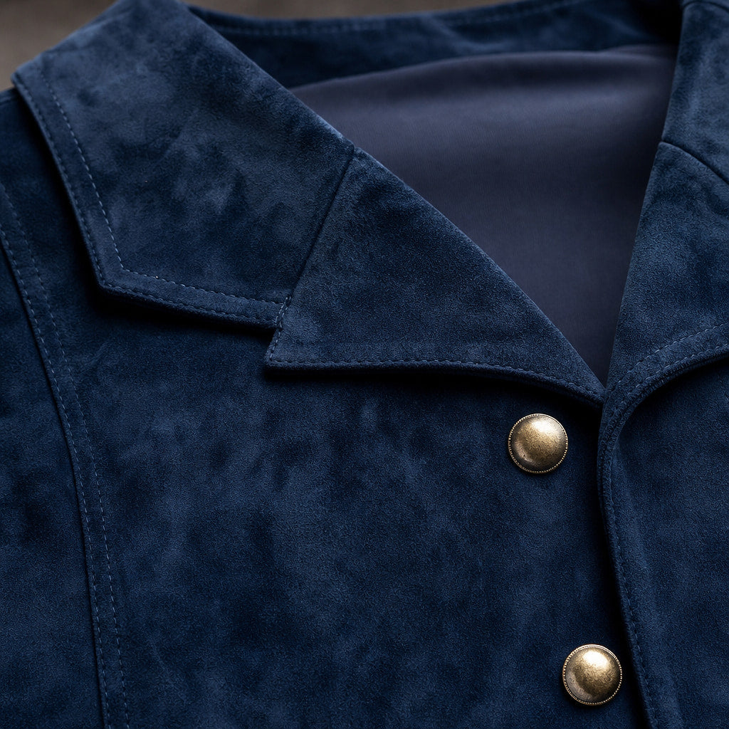 Waistcoat Suede Five Button Navy – Fabric and Detail Close-Up