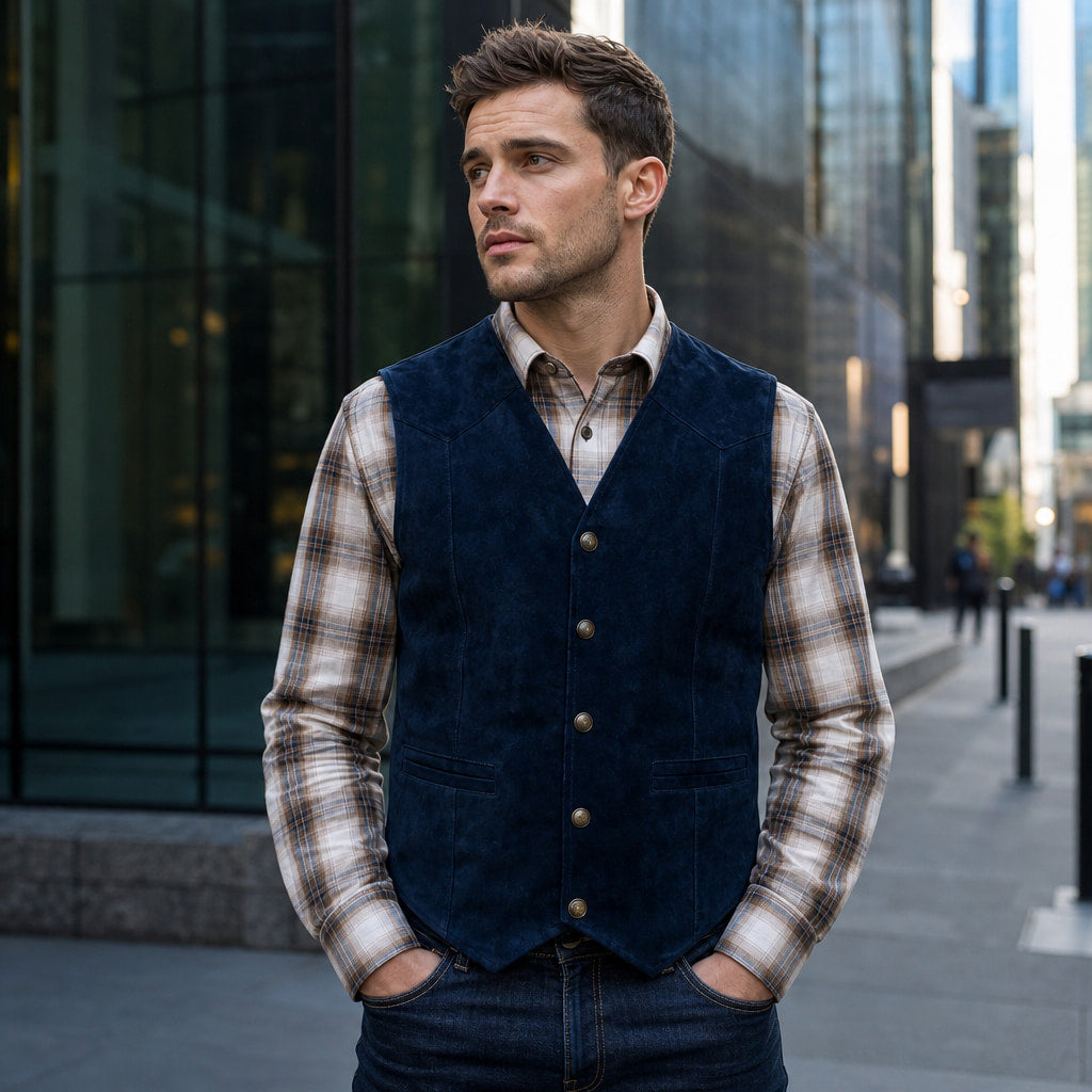 Waistcoat Suede Five Button Navy – Styled Editorial Shot