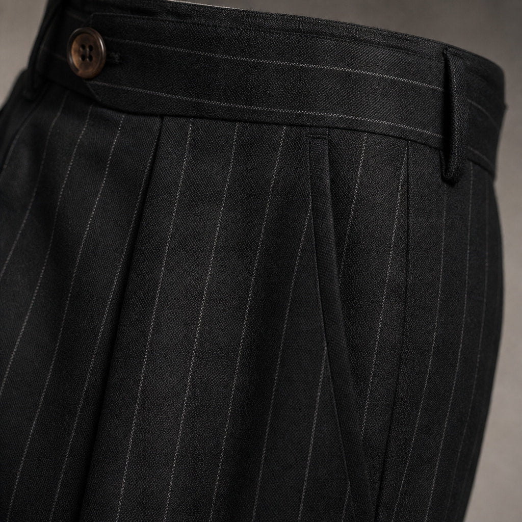 Pinstripe Dress Trouser Straight Leg Black – Fabric and Detail Close-Up