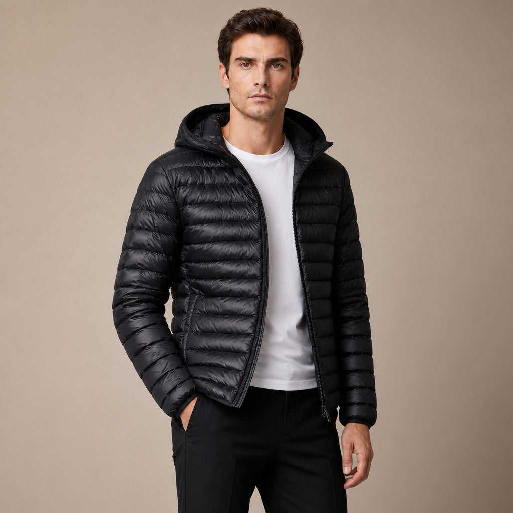 Hooded Puffer Jacket Lightweight Packable Black – Side Angle View