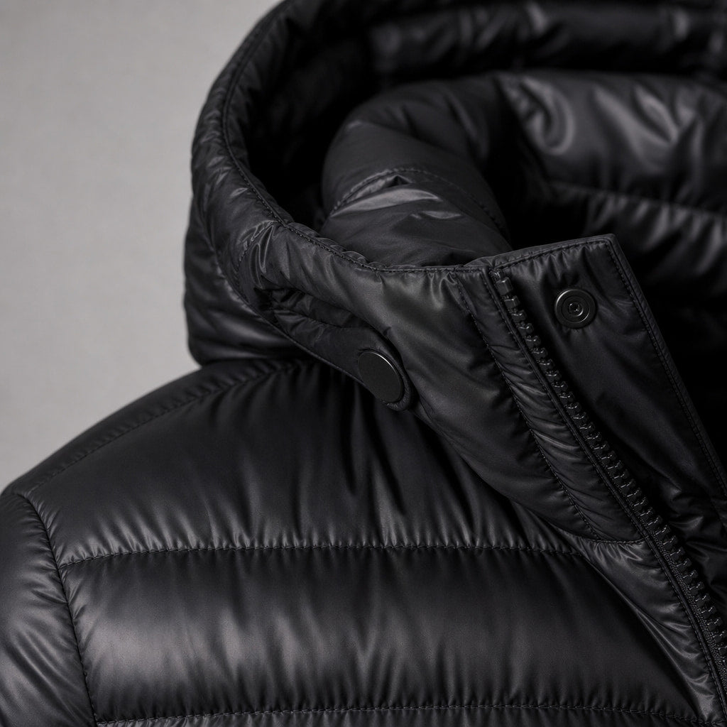 Hooded Puffer Jacket Lightweight Packable Black – Fabric and Detail Close-Up