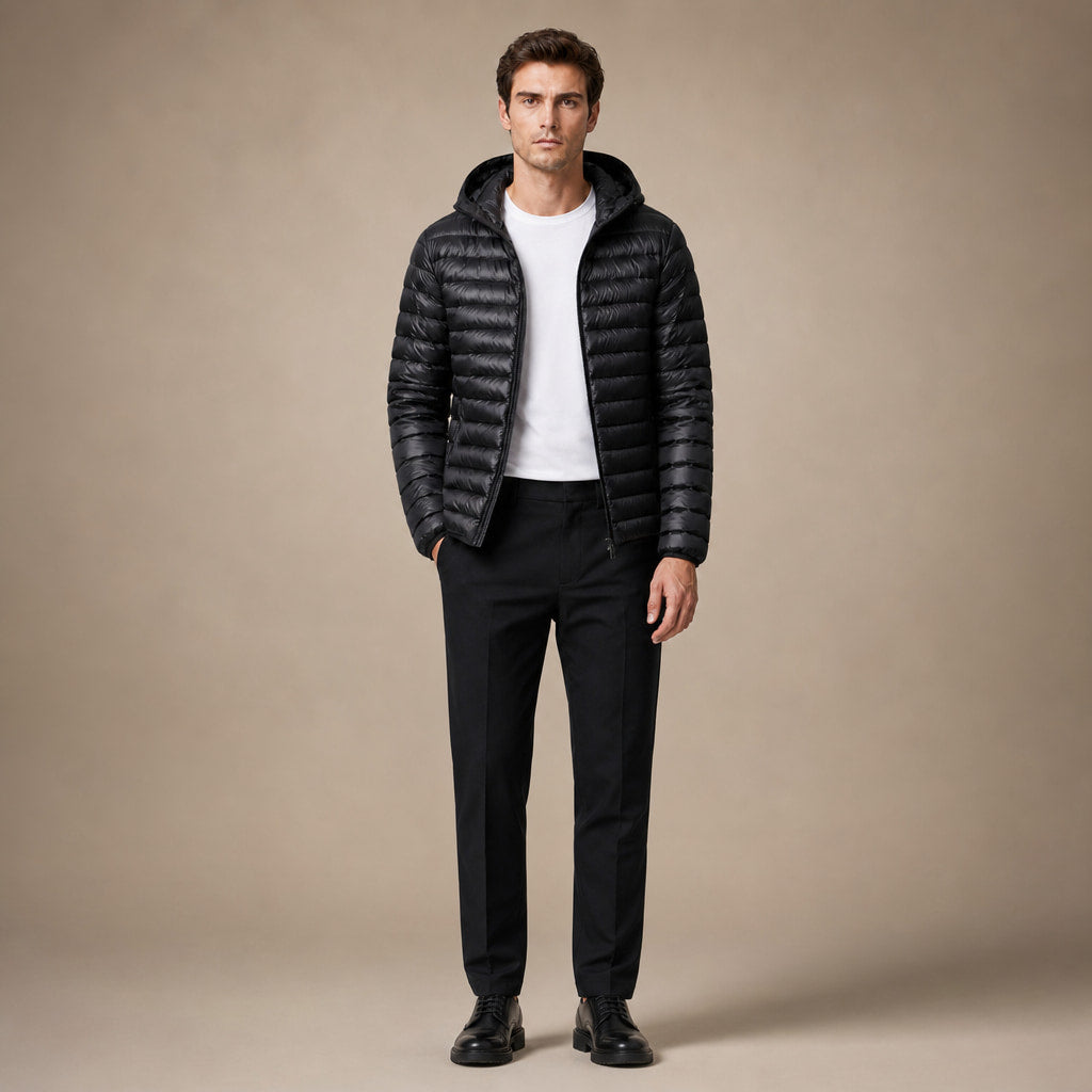 Hooded Puffer Jacket Lightweight Packable Black – Full Look