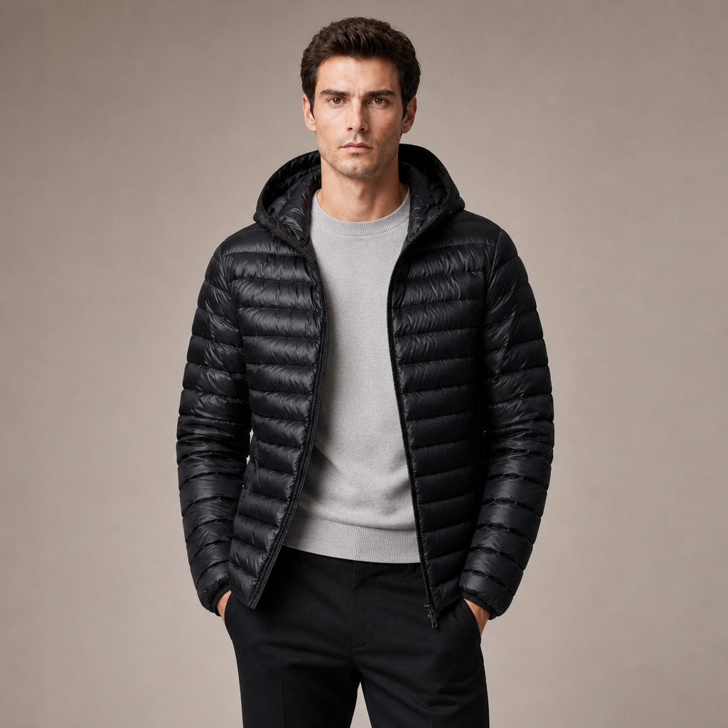 Hooded Puffer Jacket Lightweight Packable Black – Product Photo