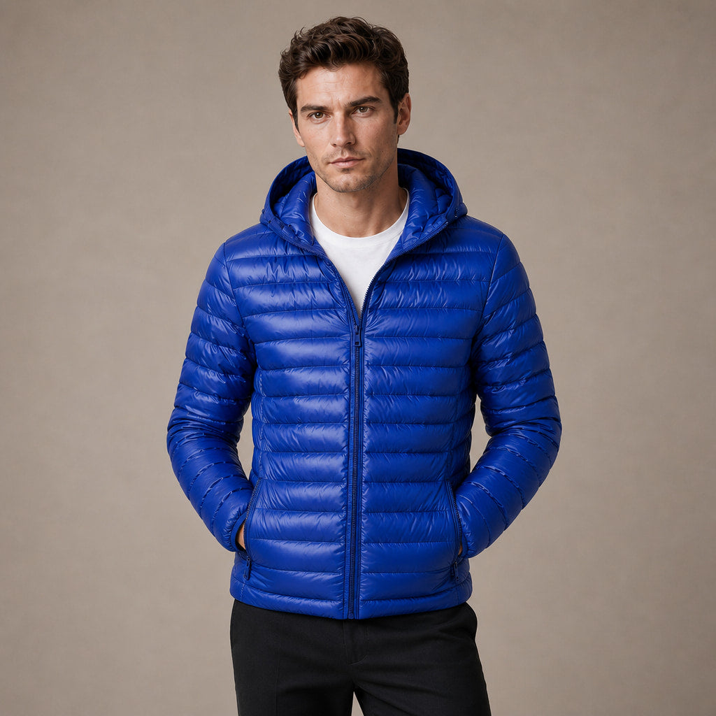 Hooded Puffer Jacket Lightweight Packable Blue – Product Photo