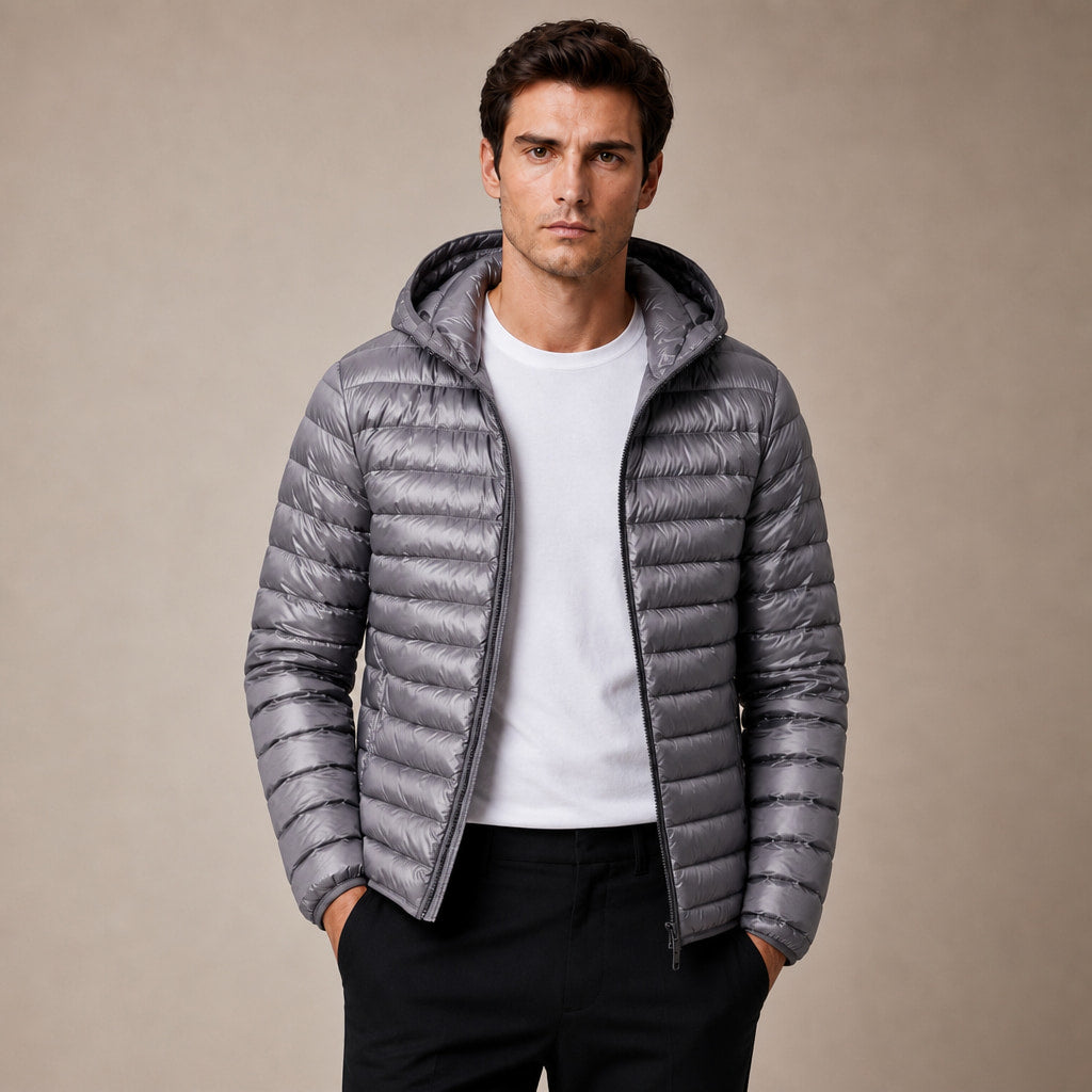 Hooded Puffer Jacket Lightweight Packable Gray – Product Photo