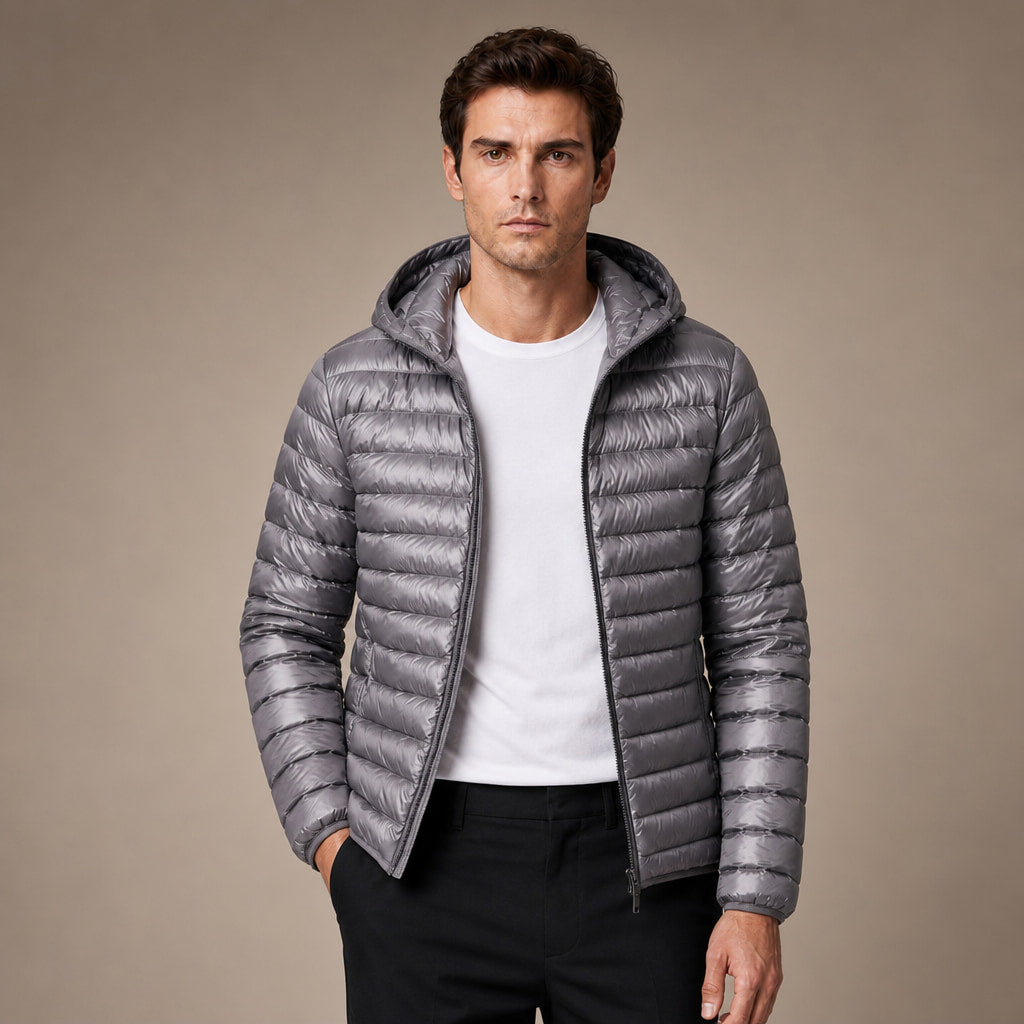 Hooded Puffer Jacket Lightweight Packable in Gray – Tarlano Premium Menswear
