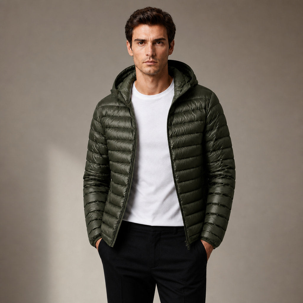 Hooded Puffer Jacket Lightweight Packable Green – Product Photo